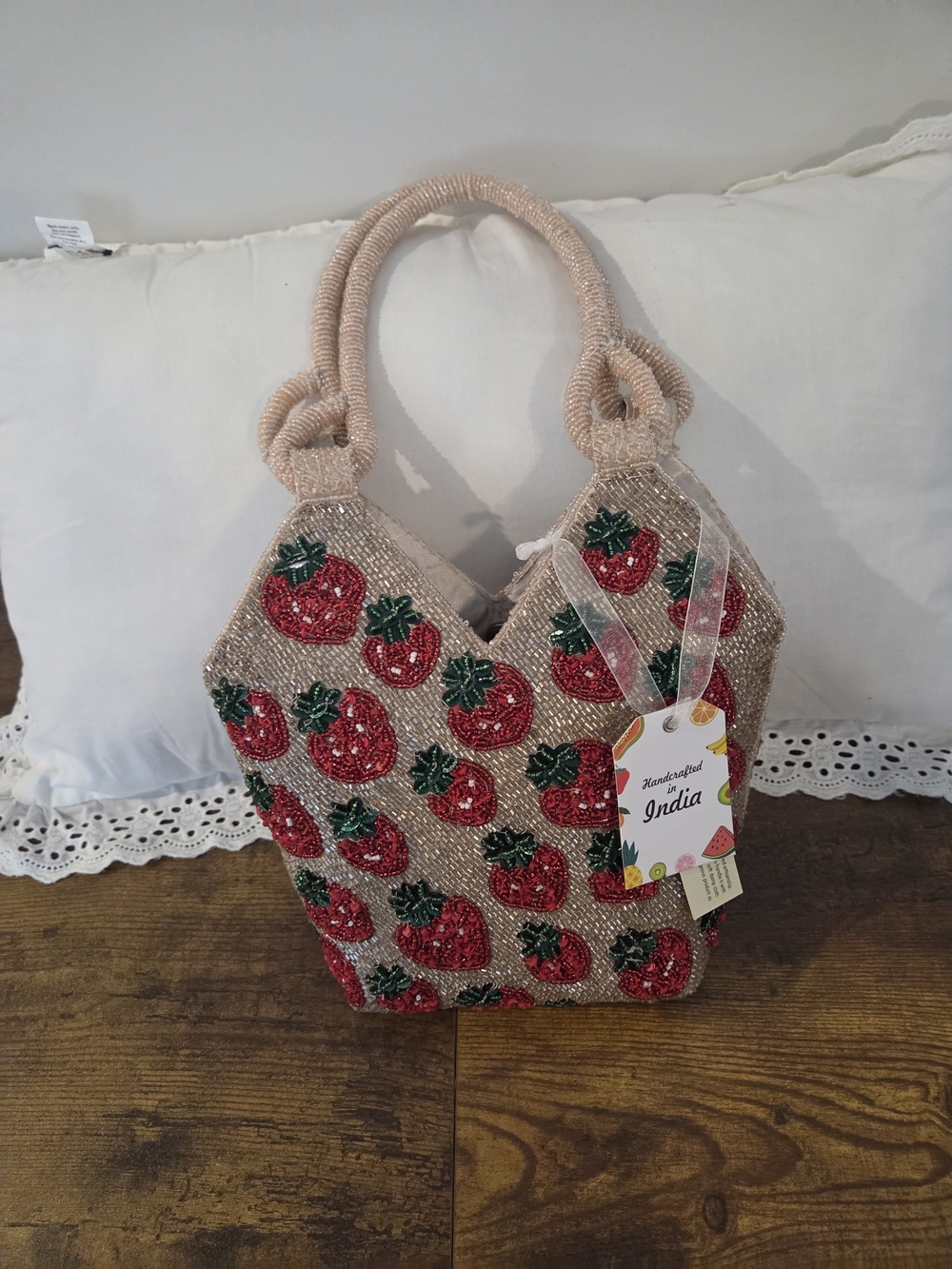 Handcrafted  Beaded Strawberry Tote Bag
